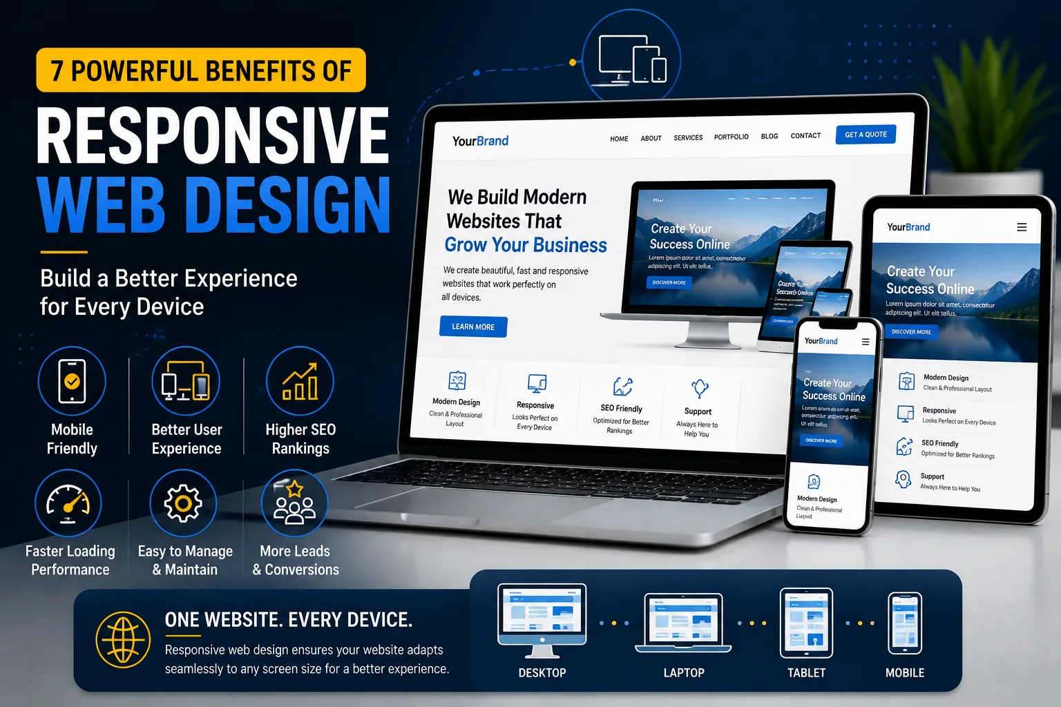 responsive web design displayed on desktop tablet and mobile devices