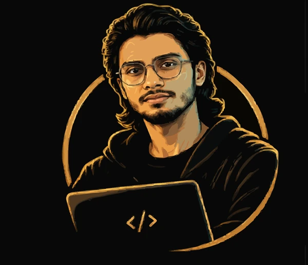 Illustrated mascot of Mashzidul Tanun Borshon coding on a laptop
